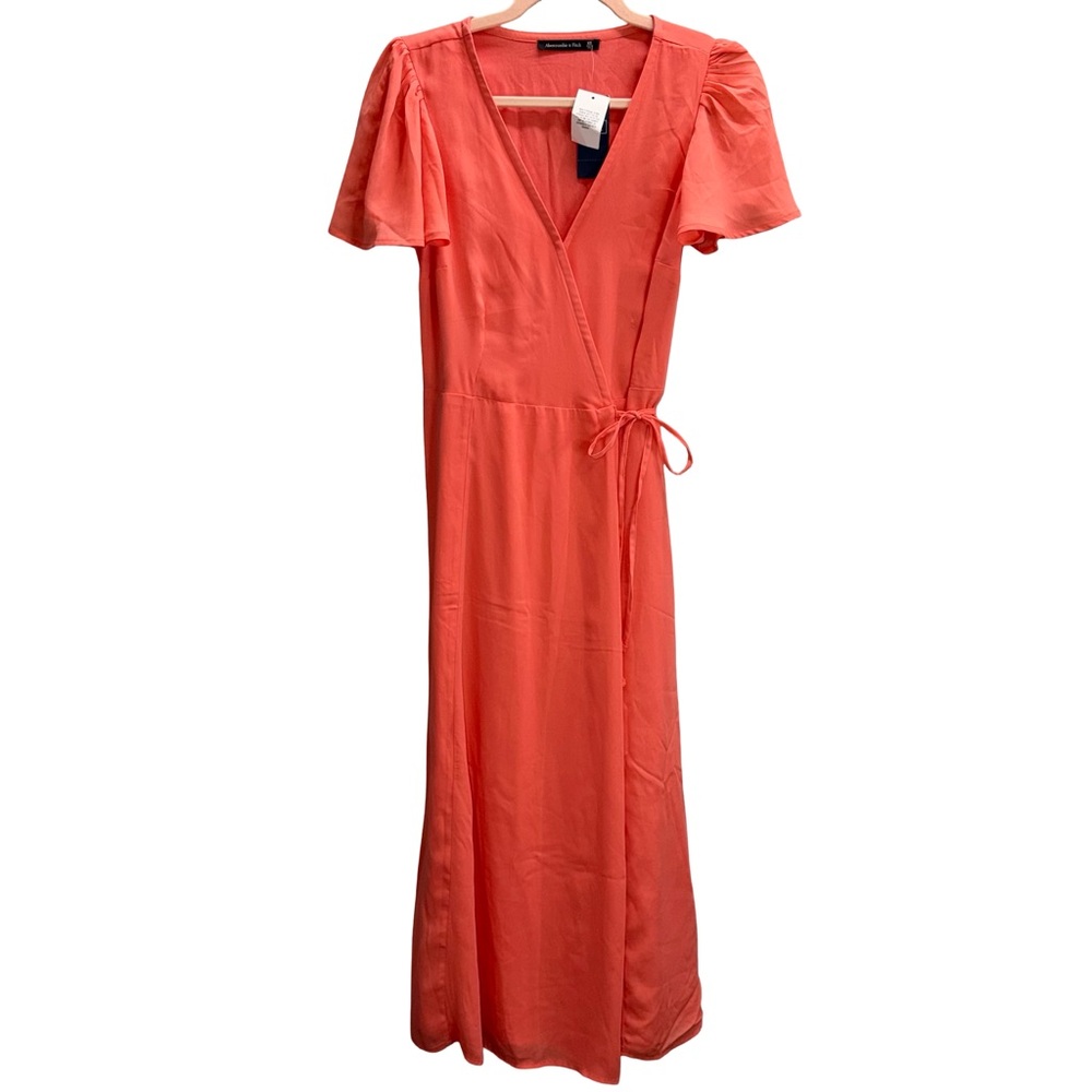 NWT Abercrombie & Fitch Coral Angel Sleeve Midi Wrap‎ Dress. XS